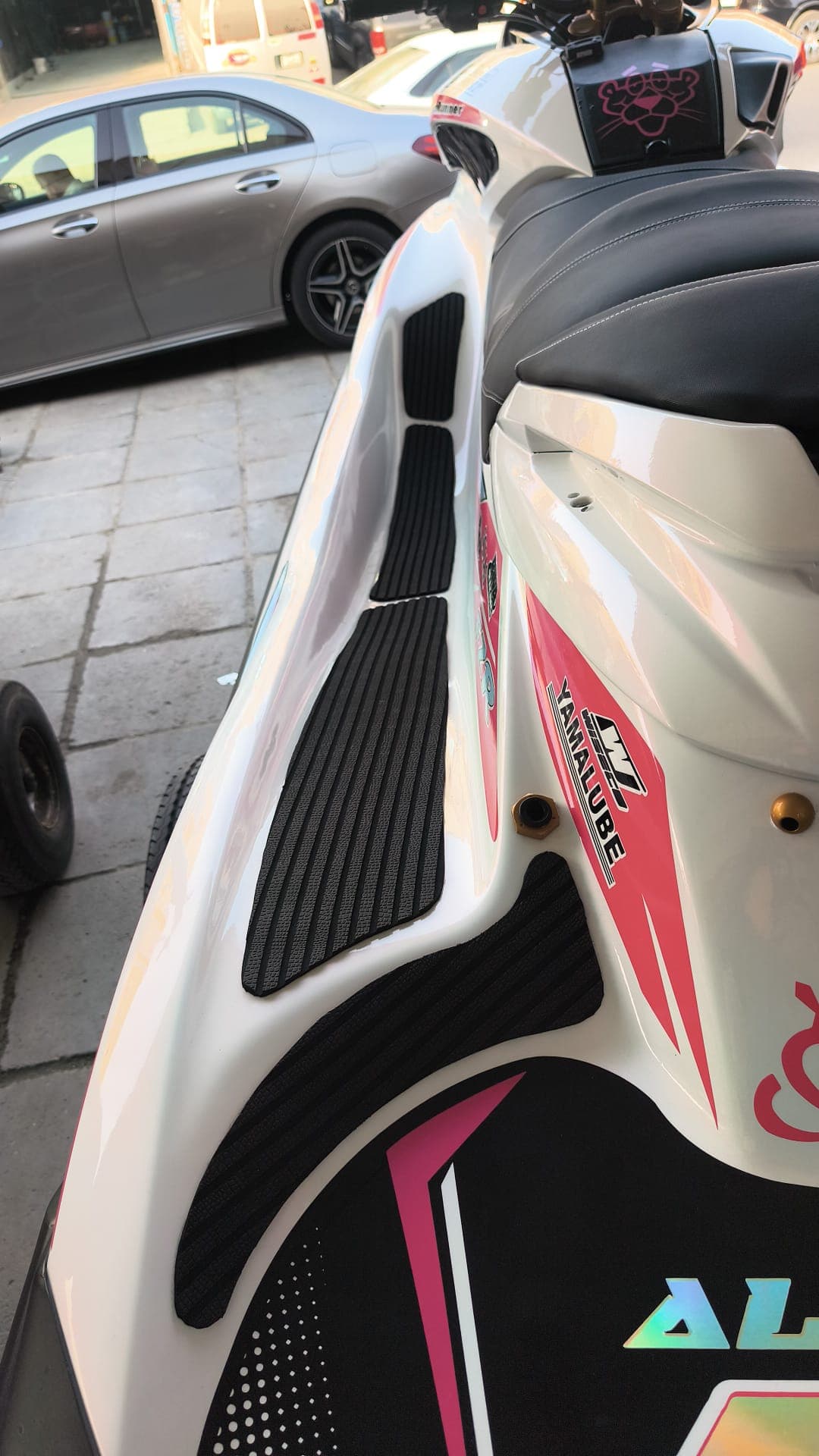 Precision-cut floor mat following the contours of a jet ski deck by Shakeel Marine in Kuwait