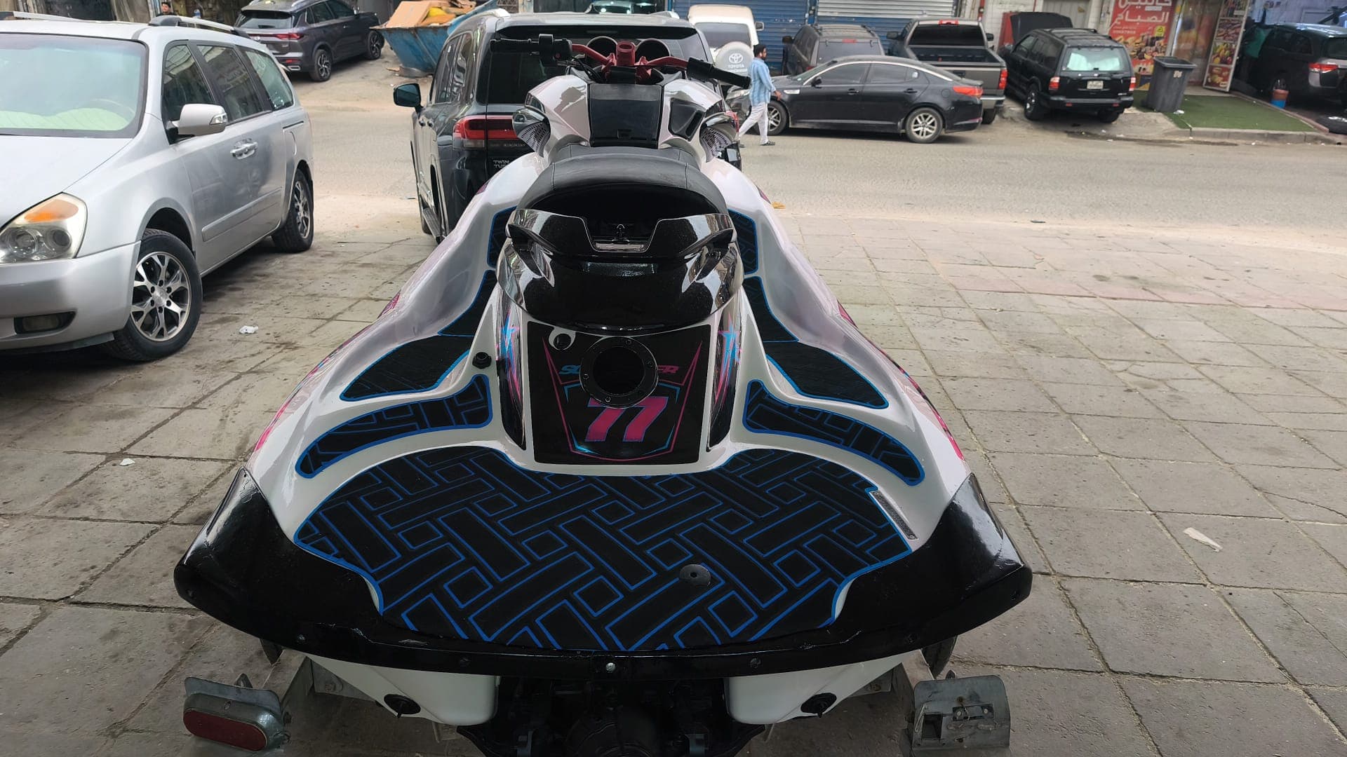 Custom non-slip mat fitted to the rear deck of a jet ski by Shakeel Marine in Kuwait