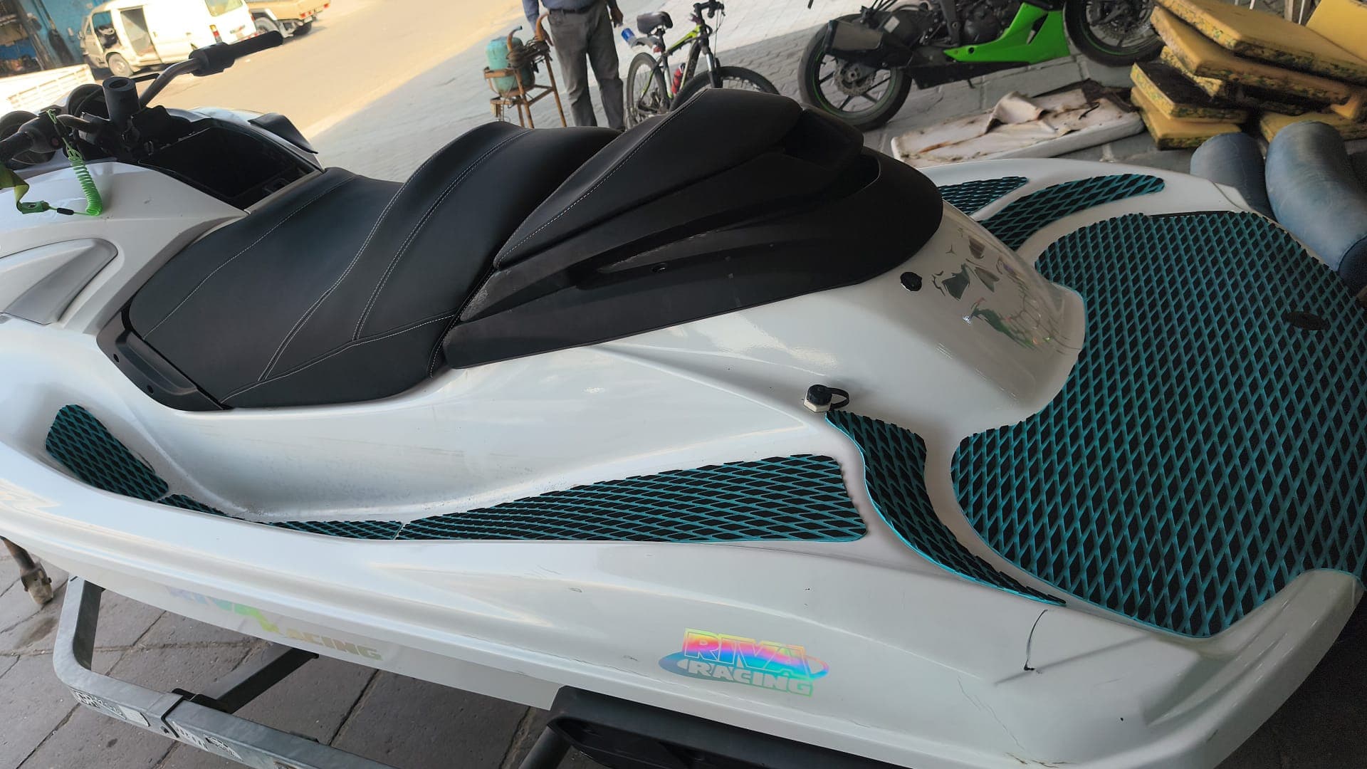 Custom floor mat following the curves of a personal watercraft deck by Shakeel Marine in Kuwait